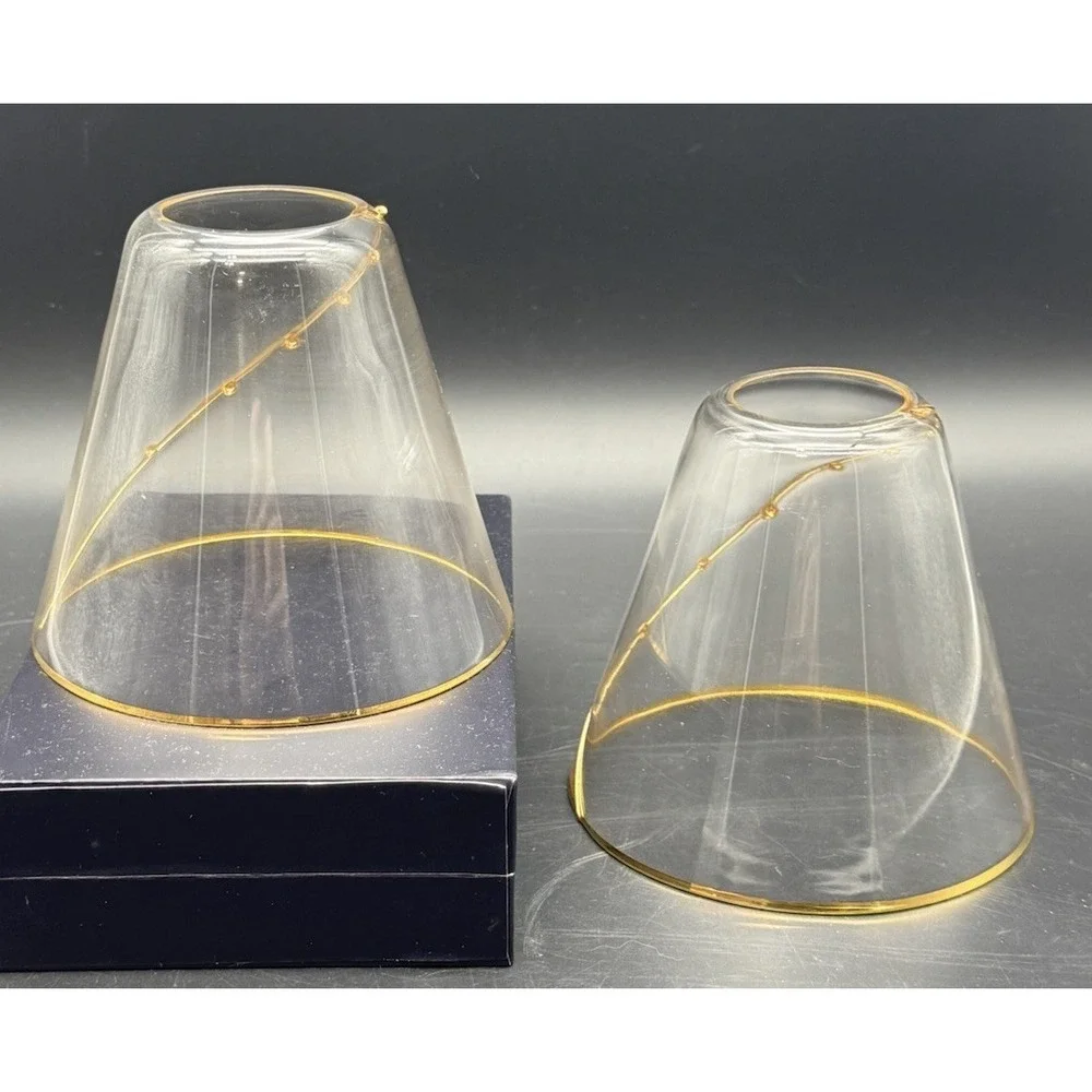 Pair Clear Glass Lamp Shades with Applied Gold Glass Beading Thin Elegant Style